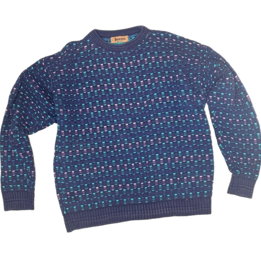 Vintage Jantzen Men’s Sweater – Navy with Pink & Aqua Retro Knit
